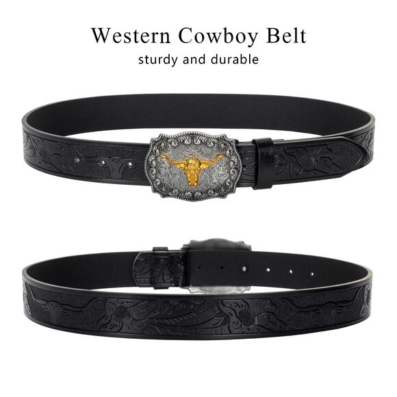 Men Women-western-cowboy-leather-belts - Longhorn Bull Pattern Buckle Belt😹 - Picture 5 of 8